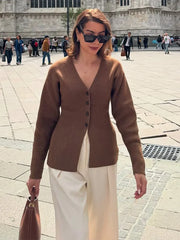 LIZAKOSHT - Fashion Solid V-neck Knitted Cardigan Women Solid Full Sleeve Single Breasted Slim Cardigan 2025 Lady Early Autumn Chic Outwear