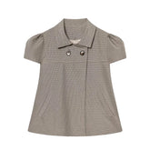 LIZAKOSHT - Spring New Women's American Retro Style Shirt Collar Puffy Short Sleeve Button Decorated Short Plaid Top Casual Fit Polyester