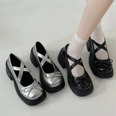 LIZAKOSHT - Women New Round Toe Cute Mary Janes Shoes Female Bow Sliver Leather Square Heel Pumps Lady French style Lolita Shoes