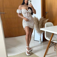 LIZAKOSHT - Female 2024 Floral Print Elastic Hollow Mini Dress Chic Women New Short Dress Sexy Summer Short Sleeve Off Shoulder Wrap Dresses