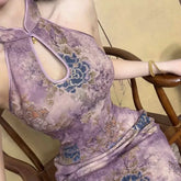 LIZAKOSHT - Purple Cheongsam Dress Women's Summer Chinese Style Off Shoulder Drip Collar Hot Stamping Flower Dress Fashion Female Clothes