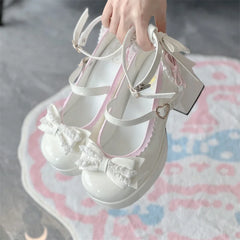 LIZAKOSHT - Lolita Lace Heart Knot Round Toe Shallow Mouth High Heels Cos Loli Elegant Student Shoes Japanese Girl Sweet Single Shoes