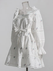 LIZAKOSHT - Embroidery Hollow Out Mini Dresses For Women Square Collar Puff Sleeve High Waist Printing Lace Up Dress Female Summer