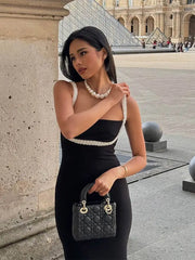 LIZAKOSHT - Fashion Pearl Patchwork Sling Dresses Women Elegant Solid Square Neck Sleeveless Slim Dress 2024 Lady Fashion Party Gown Robes