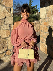 LIZAKOSHT - Fashion Hollow Out Puff Sleeve Women's Dresses Pleated Tassel Hem Short Dresses New Casual Round Neck Elegant Women Dress