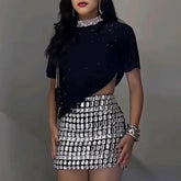 LIZAKOSHT - Casual O Neck Short Sleeved Top + Mini Skirt Set Fashion Rhinestone Patchwork Slim Women's Suit New Women's Elegant Party Outfit