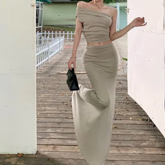 LIZAKOSHT - Women's Summer One Shoulder Pleated Slimming Top, Slim Fit Half Skirt, Long Skirt Two-Piece Set