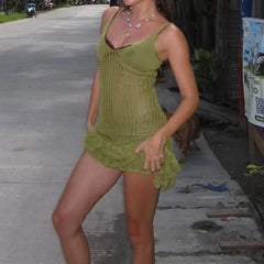 LIZAKOSHT - Sexy Holiday Style V-neck Spaghetti Strap Dress Ruffles Trim See Through Hollow Out Knitted Bodycon Short Dress 2025