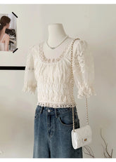 LIZAKOSHT - Sweet Embroidered Square Collar Lace Shirt Women's Shineril Lycra Summer New Style Button up Casual Feminine Top