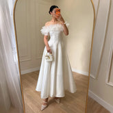 LIZAKOSHT - White Off Shoulder Ruffle Satin Midi Formal Dress A Line Full Skirt for Women Quinceanera Wedding Guest Wear