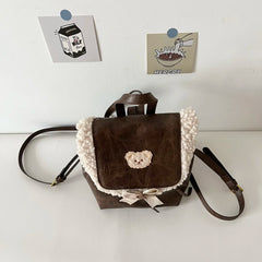 LIZAKOSHT - Patchwork Fluffy Kawaii Bear Mini Backpacks Women Fashion Cute Simple Handbags Casual All Match Schoolbags Trendy Y2k Aesthetic