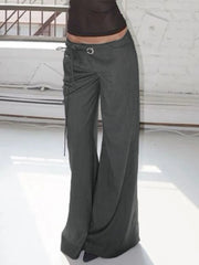LIZAKOSHT - Lace Up Loose England Style Trousers Fashion Low Waisted Solid Pants Vintage Aesthetic Leisure Bottoms for Women