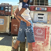 LIZAKOSHT - Women Summer Jean Shorts Casual Knee Length Star Print Denim Short Pants for Vacation Beach Club Y2K Vintage Streetwear