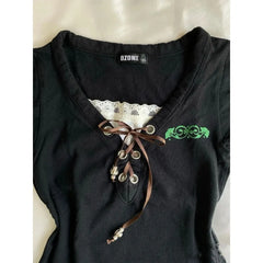 LIZAKOSHT - Pure Love Style Harajuku 2000s Fake Two Short Sleeves Female Summer New Vintage Black V-neck T-shirt Lace Short Top