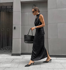 LIZAKOSHT - Black Satin Slit Neck Sleeveless Dress Matte Soft Bodycon Long Dress, Off Shoulder Zipper Tie Belt Elegant Party Gown