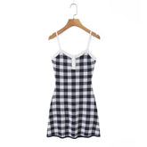 LIZAKOSHT - Autumn Black White Plaid Gingham Knitted Sling Dress Open Buttons V neck Package Hips Short Dresses Skinny Robe Vestidos