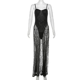 LIZAKOSHT - Women Sexy Lace Maxi Dress See Through Spaghetti Straps Bodysuit Lining Strapless Backless Bodycon Birthday Club Party Long Robe