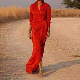 LIZAKOSHT - Casual Office Lapel V Neck Maxi Dresses Spring Women Long Sleeve Solid Shirts Dress Elegant Lady Lace Up Split Slim Long Dresses