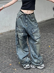 LIZAKOSHT  -  Women's Blue Cargo Jeans Harajuku 2000s 90s Aesthetic Baggy Denim Trousers Oversize Y2k Jean Pants Vintage Trashy Clothes