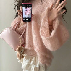  LIZAKOSHT - Elegant French Style Pullover Sweaters Women Pink Vintage Knitted Pullover Female Autumn Winter Casual Sweet Sweater Tops