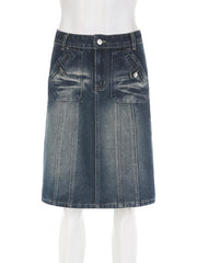 LIZAKOSHT - Vintage Blue Straight Denim Skirt Women American Retro Aesthetic Chic Stitch Cargo Mid Skirts Y2K Streetwear Grunge New