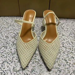 LIZAKOSHT - Pointed Toe White High Heels Shoes for Women Summer Breathable Pearl Mesh Designer Brand Elegant Party Wedding Female Sandals