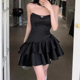 LIZAKOSHT - Black Strapless Sweet Satin Dresses Woman Mini Sleeveless Short Dress Coquette Aesthetic Ruffle Bodycone Summer Chic