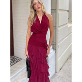 LIZAKOSHT - Elegant Burgundy Dresses 2025 Summer Layered One Piece Prom Dress Midi Ruffled Sleeveless Backless Halter Dresses Evening Party