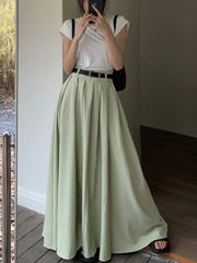 LIZAKOSHT - 100% Cotton Long Skirts Womens Maxi Skirt Korean Style Lolita High Waist Pockets Design Pleated Skirts With Belt