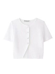 LIZAKOSHT - Knitted Solid Women Crop Top O-neck Short Sleeve Single Breasted Slim Tops 2024 Spring Summer New Fashion Casual Lady Sweaters