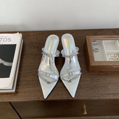 LIZAKOSHT - Slippers Women Summer Shoes Thin Heels Slides Heeled Mules Jelly Flip Flops Low Pantofle Pointed Toe Silver High Glitter 2024 Fa