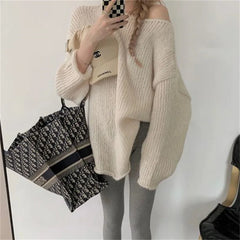 LIZAKOSHT  -  Fall Winter New French Lazy Style Rolled Edge Thick Needle Pullover Sweater Design Loose Knit Sweater Tops Female Jumpers