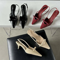 LIZAKOSHT - Patent Leather Bow Sandals Women Pumps Pointed Toe Low Heel Slingback Shoe Ladies Shallow Fashion Elegant High Heels Dress Shoes