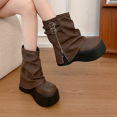 LIZAKOSHT  -  Autumn Winter Chunky Thick Sole Women Pipe Ankle Boots Designer Belt Buckle Platform Heel Shoes Modern Short Botas Para Mujer