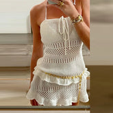 LIZAKOSHT - Holiday strapless hollow knitted dress bikini cover beach style fashionable high waisted dress elegant backless mini dress