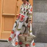 LIZAKOSHT - Women's Floral Long Shirt Dress 3/4 Sleeve Lapel Neck Button-up Flowy Loose Dresses