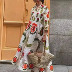 LIZAKOSHT - Women's Floral Long Shirt Dress 3/4 Sleeve Lapel Neck Button-up Flowy Loose Dresses