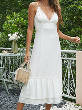 LIZAKOSHT - White Lace Trim Dress Women Summer Off Shoulder Backless Spaghetti Strap Dress Sexy Elegant Ruffles Pleated Holiday Long Dresses