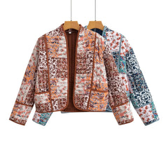 LIZAKOSHT - Women Contrast Color Flower Print V Collar Quilted Jacket Ethnic Front Pockets Quilting Full Sleeve Loose Coat