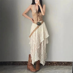 LIZAKOSHT - Elegant Fashion Vintage Chic Irregular Hem A-line Skirts Holiday Skirts for Women Vintage Ruffles Floral Kintted Lace Streetwear