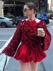 LIZAKOSHT - Knit Flower Pink Women's Sweater Autumn Hollow Out V-neck Long Sleeve Female Pullover 2025 Fashion Thin Lady Loose Knitwear