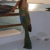 LIZAKOSHT - Elegant Off Shoulder Sling Top & Skirt Outfits Sexy Sleeveless Hollow Out Long Skirt Set Women Fashion Backless Slim Beach Suit