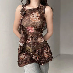 LIZAKOSHT - Dress Irregular Streamers Printed Three-Dimensional Flowers Woman Spring New Linen Loose Retro Slim Slimming Dress