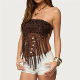 LIZAKOSHT - Sexy Strapless Backless Vest Women Knit Crochet Tube Top Sequins Hollow Out Irregular Summer Vacation Party Beachwear
