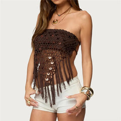 LIZAKOSHT - Sexy Strapless Backless Vest Women Knit Crochet Tube Top Sequins Hollow Out Irregular Summer Vacation Party Beachwear