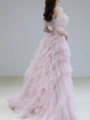 LIZAKOSHT - Luxury Off the Shoulder Prom Dresses Trailing Applique Beading Mermaid Tiered Floor Length Woman Pink Elegant Evening Gowns