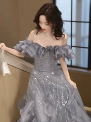 LIZAKOSHT - Shiny Grey Evening Dresses Tiered A-line Boat Neck Flounce Strap Long Wedding Celebration Birthday Party Prom Gowns New 2024