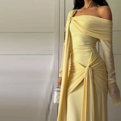 LIZAKOSHT - Off-Shoulder Pleated Long Dresses Women Fashion Solid Slim Ribbon Hip Pocket Maxi Dress Lady Summer Chic Evening Party Robes