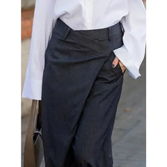 LIZAKOSHT - Women Fashion Asymmetric High Waist Pants New Autumn Solid Color Split-Joint Loose Wide Leg Urban Office Trousers