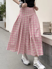 LIZAKOSHT - Midi Long Skirt Womens Pink Plaid Skirt Spring Summer Korean Casual High Waist Ladies Lolita Pleated Skirt rok